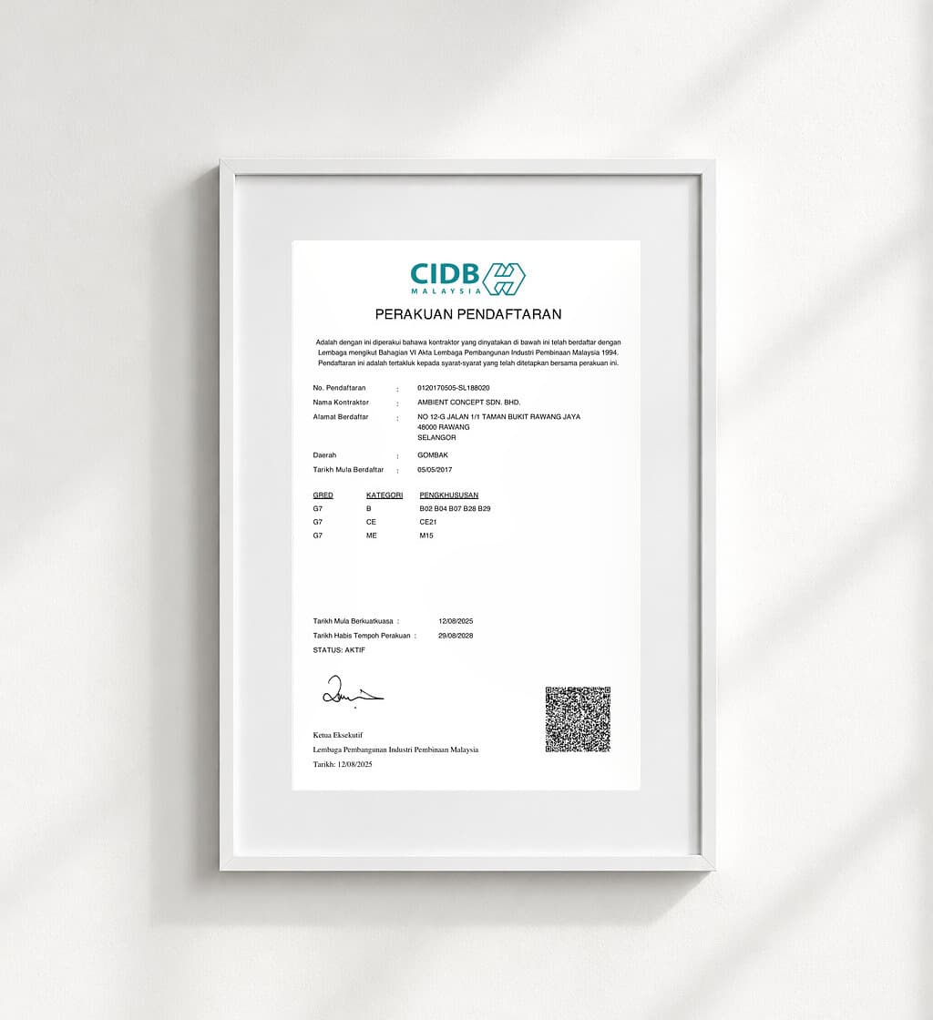 Ambient Concept Sdn Bhd CIDB registration certificate, Grade G7, framed on a wall