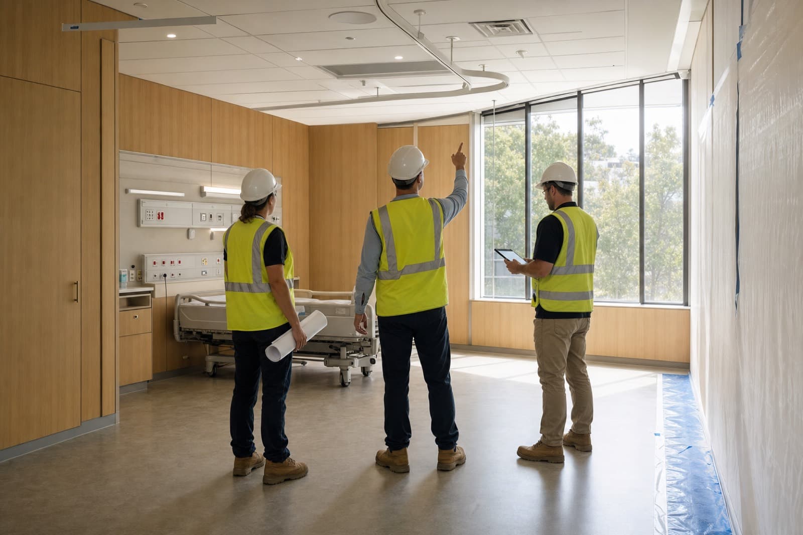 Site team checking a ceiling detail in a ward at final finishing stage