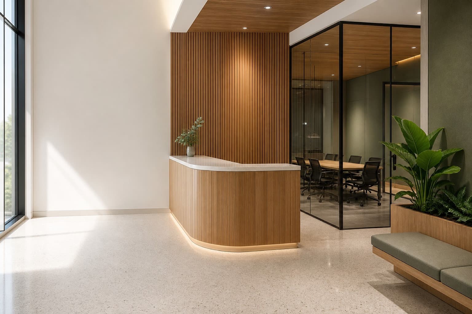 A reception and meeting area with a timber counter, slat feature wall and planting
