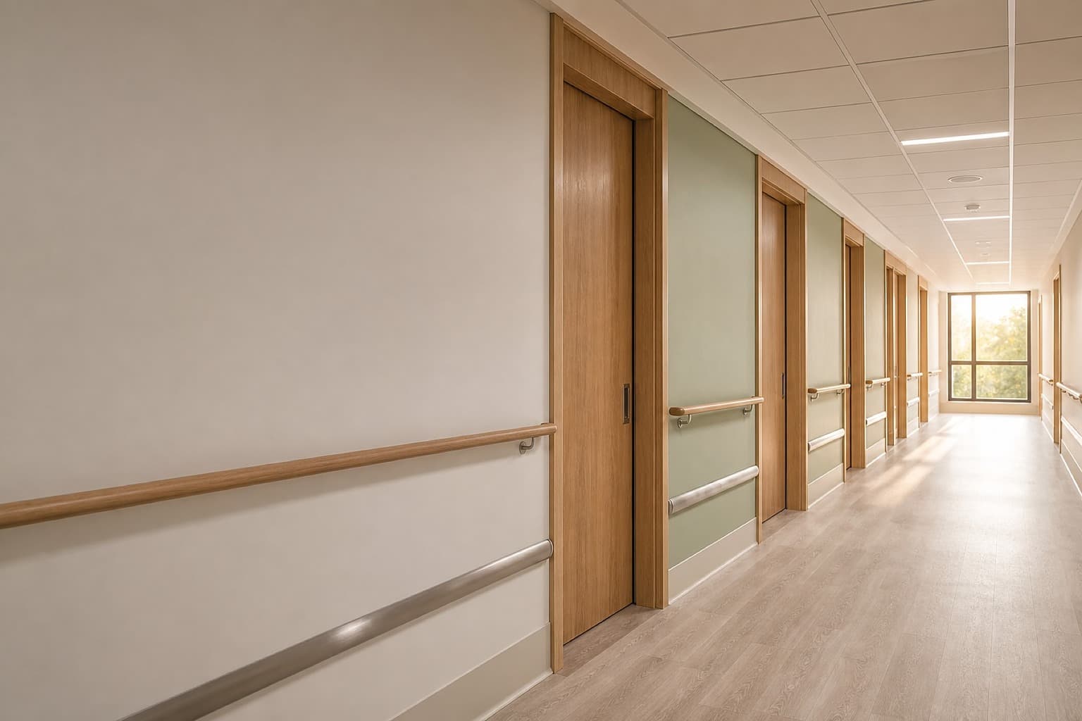 A completed hospital ward corridor with timber door sets and warm afternoon light