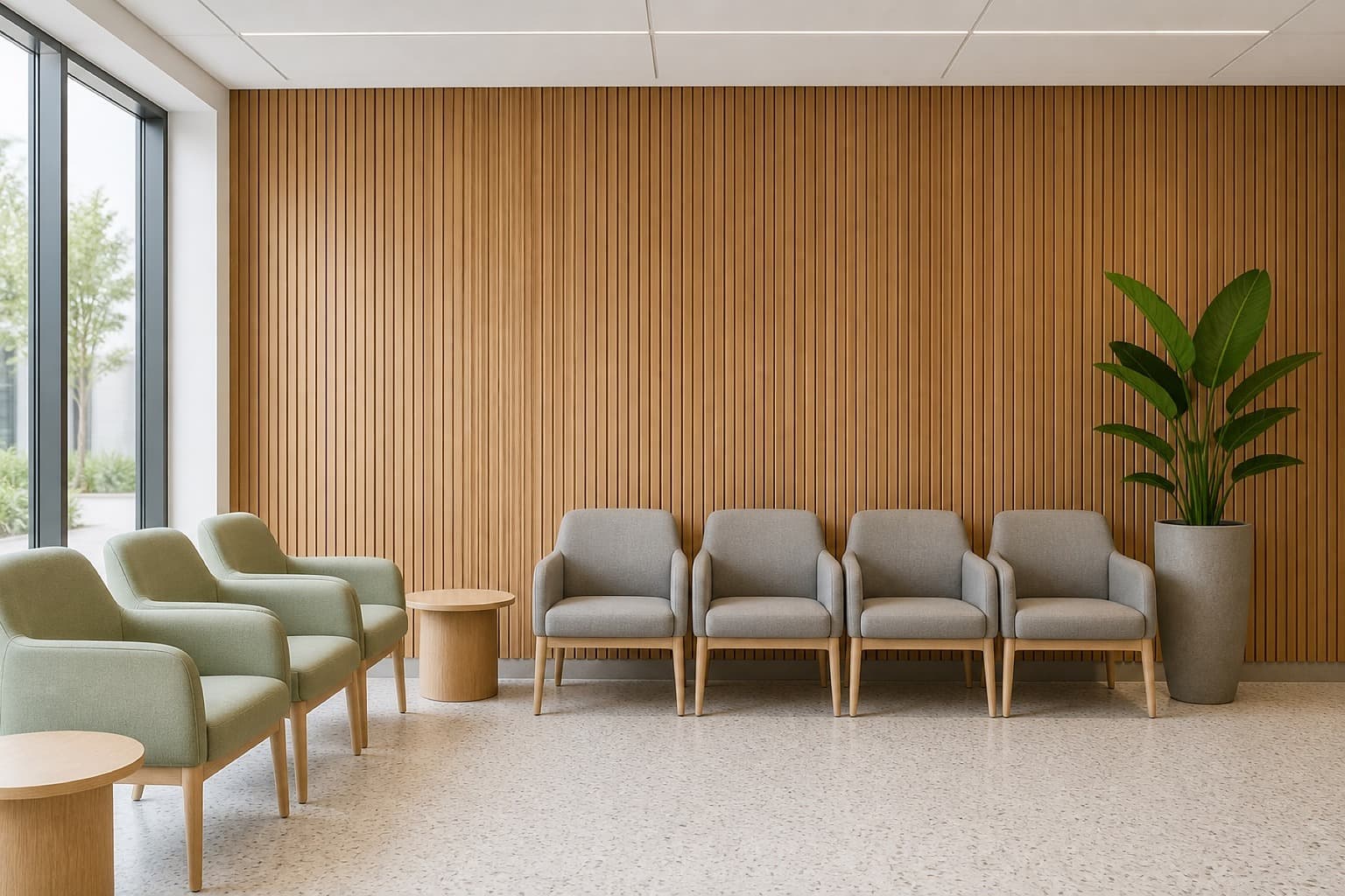 A hospital waiting area furnished with upholstered seating and side tables against a timber slat wall