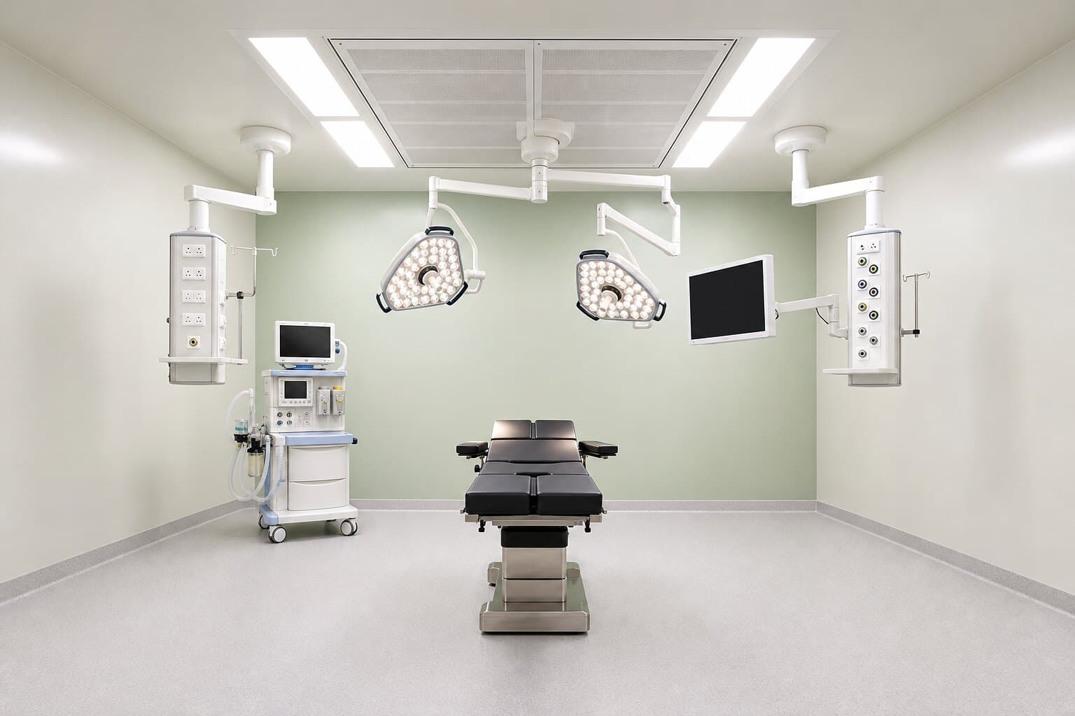 A completed operating theatre with twin surgical lights, ceiling service pendants, an anaesthesia machine and an operating table
