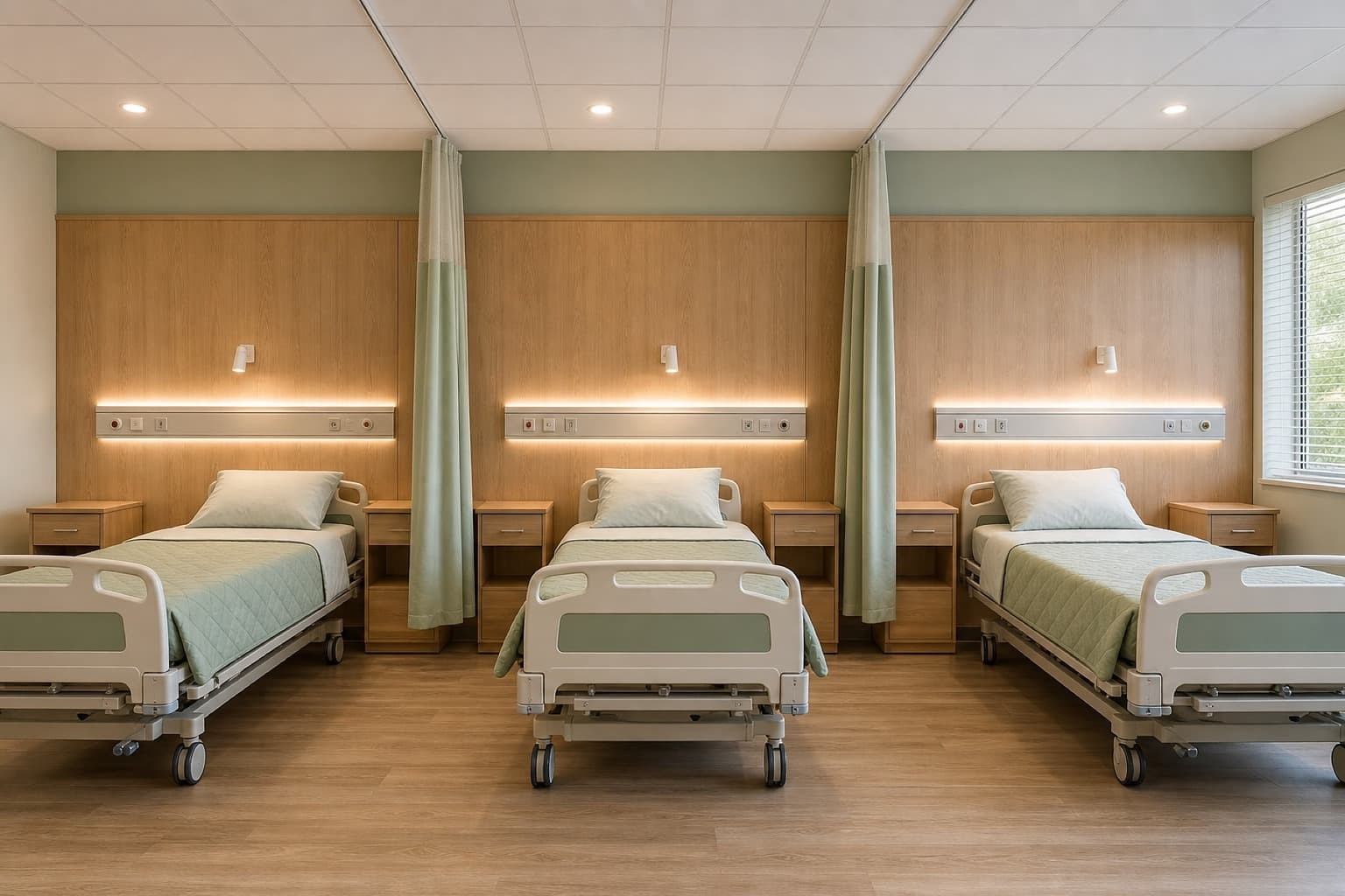 A refurbished multi-bed ward bay with a timber headwall run, new curtains, flooring and lighting